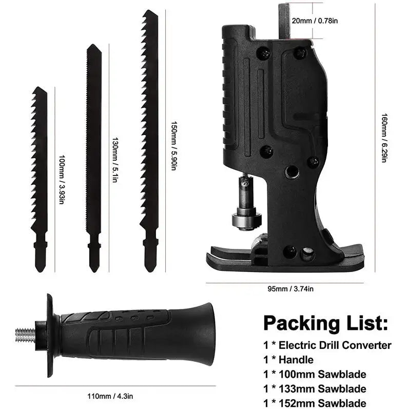 Reciprocating Saw Adapter, Electric Drill Modified Tool Attachment with Ergonomic Handle for Wood and Metal Cutting