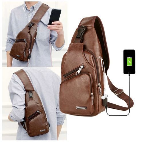 USB Portable Crossbody Chest Bag - Brown