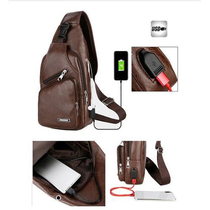 USB Portable Crossbody Chest Bag - Brown