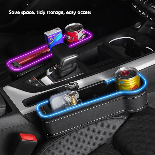 Universal Car Console Seat Storage Box Cup Holder 7 Colors Led Flash Light Car Seat Gap Filler Organizer With Usb Fast Charger